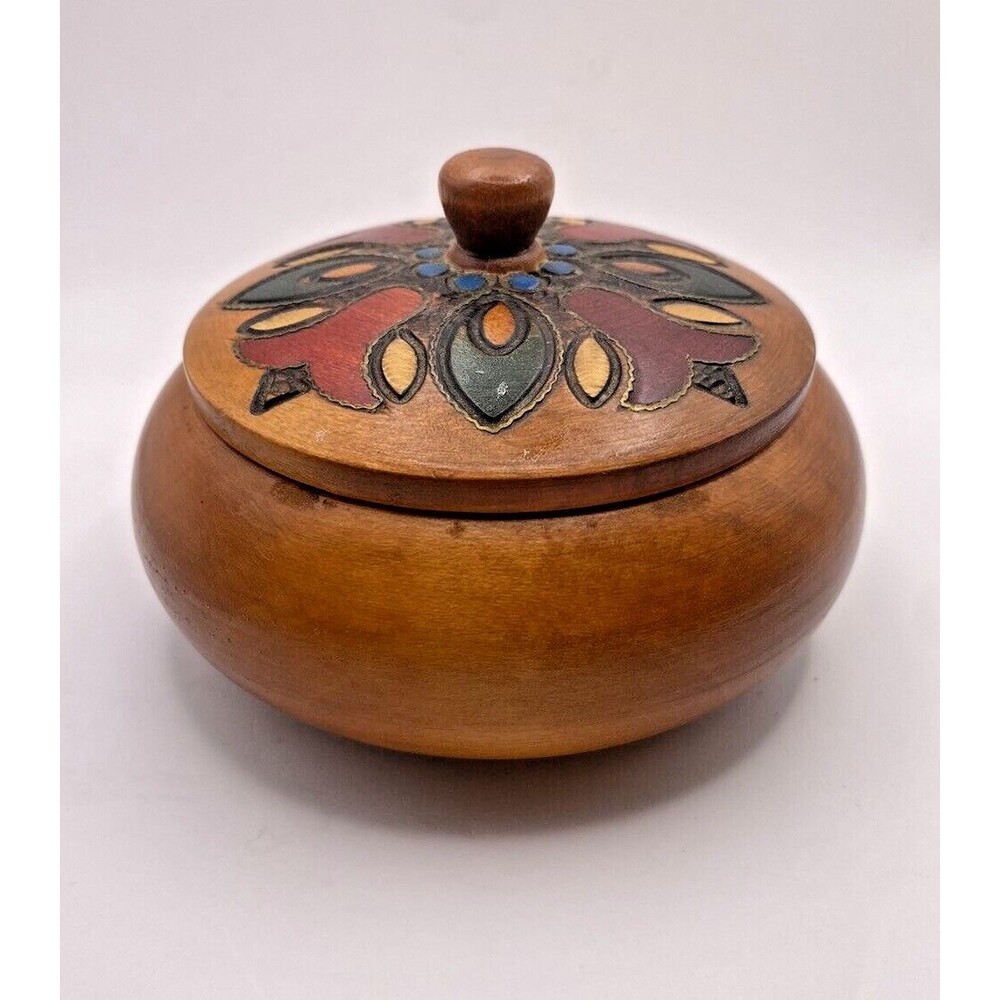 Round Hand Carved Wooden Painted Trinket Box Used - Picture 4 of 8